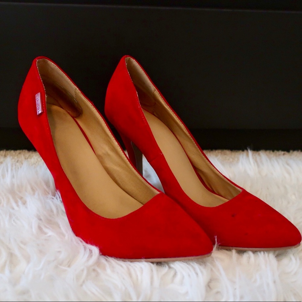 Red velvet pointed toe stiletto heels